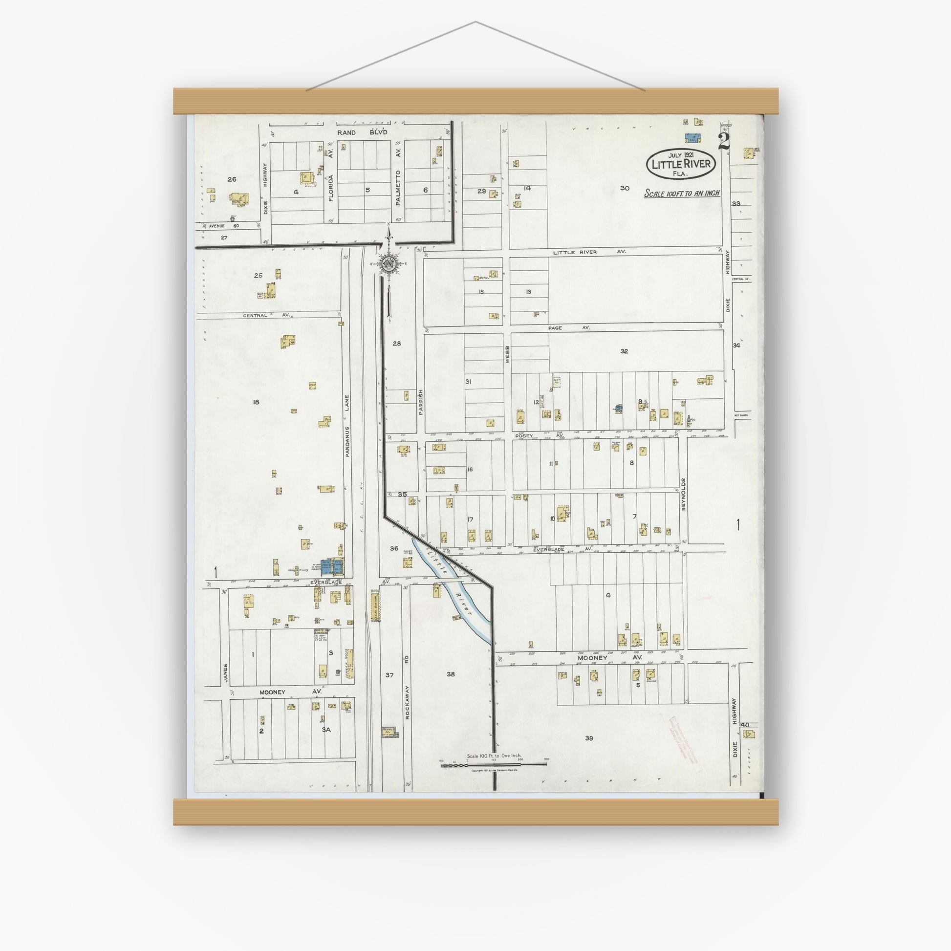 Old map wall art mockup — magnetic wood frame on white wall — Sanborn Fire Insurance Map from Little River, Dade County, Florida (1921), Sheet #0002