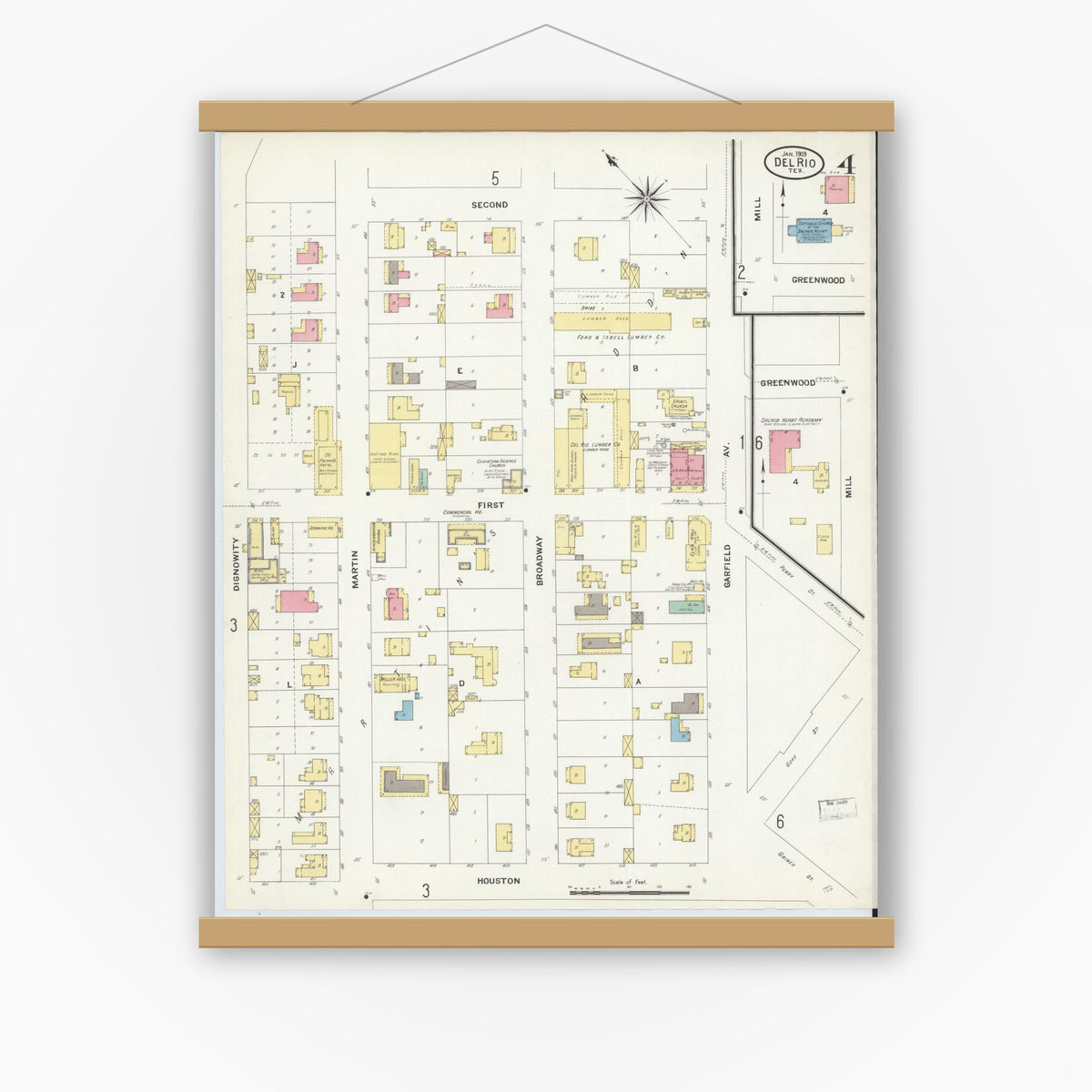 Old map wall art mockup — magnetic wood frame on white wall — Sanborn Fire Insurance Map from Del Rio, Val Verde County, Texas (1909), Sheet #0004