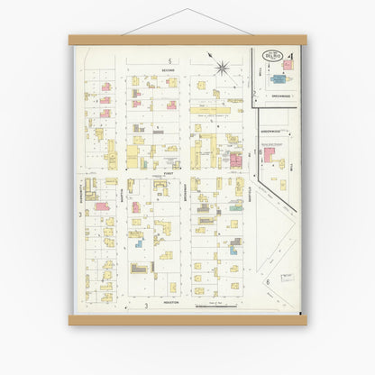 Old map wall art mockup — magnetic wood frame on white wall — Sanborn Fire Insurance Map from Del Rio, Val Verde County, Texas (1909), Sheet #0004