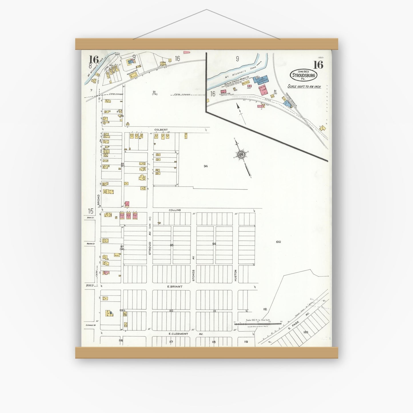 Old map wall art mockup — magnetic wood frame on white wall — Sanborn Fire Insurance Map from Stroudsburg, Monroe County, Pennsylvania (1923), Sheet #0016