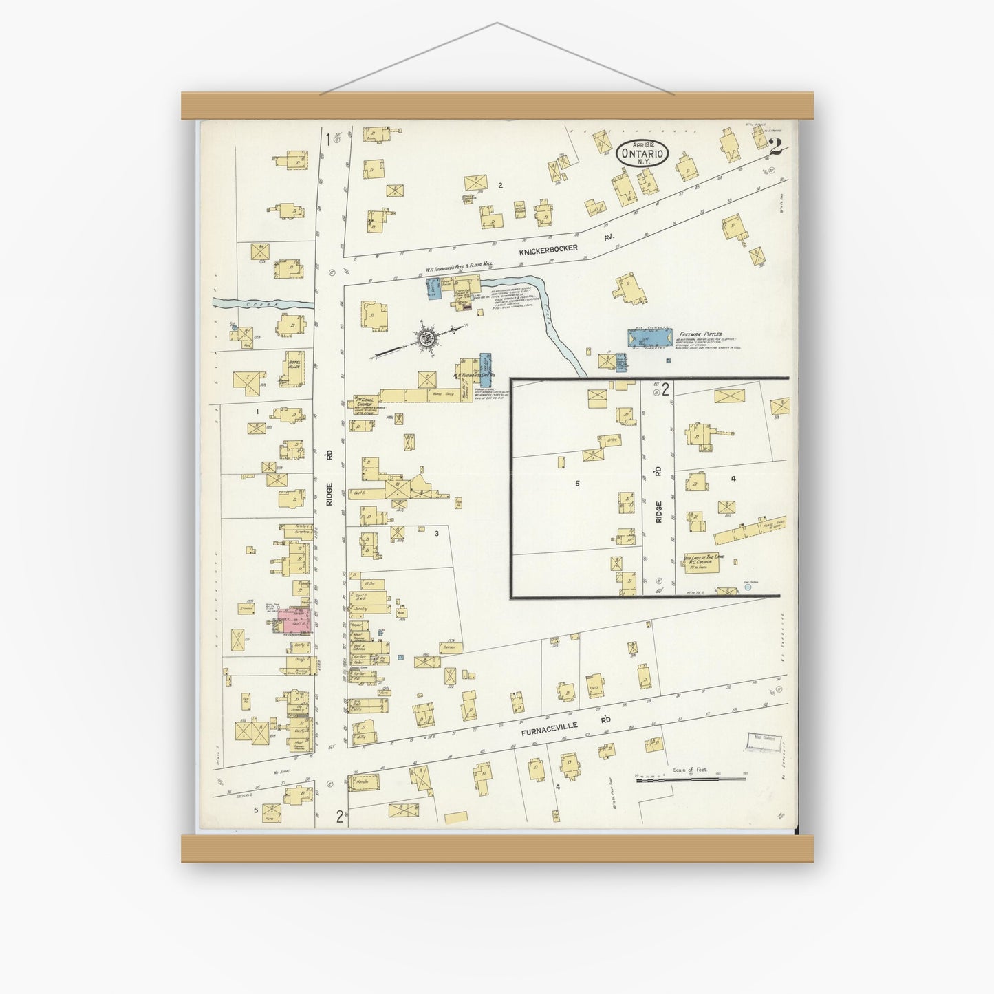 Old map wall art mockup — magnetic wood frame on white wall — Sanborn Fire Insurance Map from Ontario, Wayne County, New York (1912), Sheet #0002