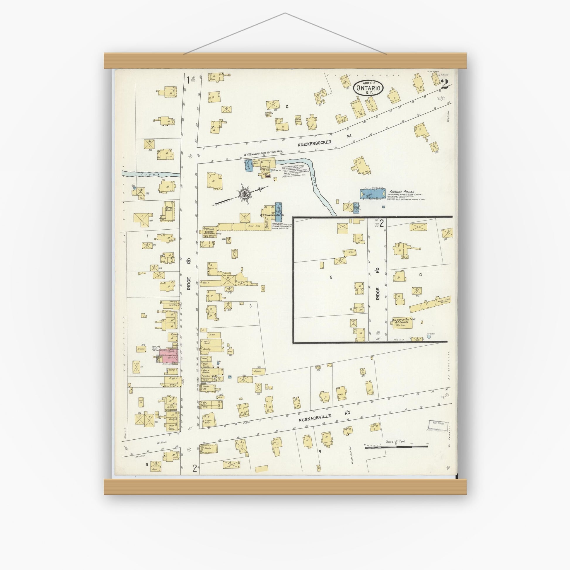 Old map wall art mockup — magnetic wood frame on white wall — Sanborn Fire Insurance Map from Ontario, Wayne County, New York (1912), Sheet #0002