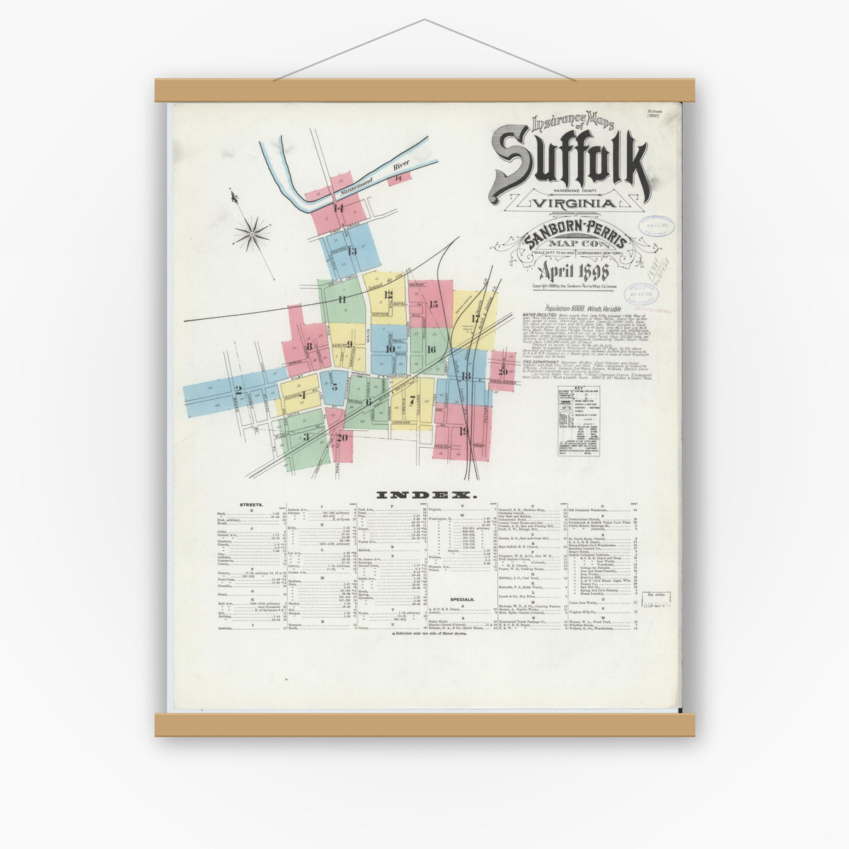 Old map wall art mockup — magnetic wood frame on white wall — Sanborn Fire Insurance Map from Suffolk, Independent Cities, Virginia (1898) - Complete Map Set