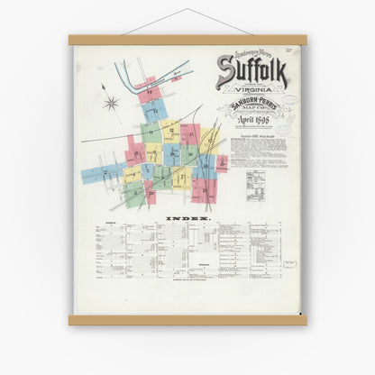 Old map wall art mockup — magnetic wood frame on white wall — Sanborn Fire Insurance Map from Suffolk, Independent Cities, Virginia (1898) - Complete Map Set