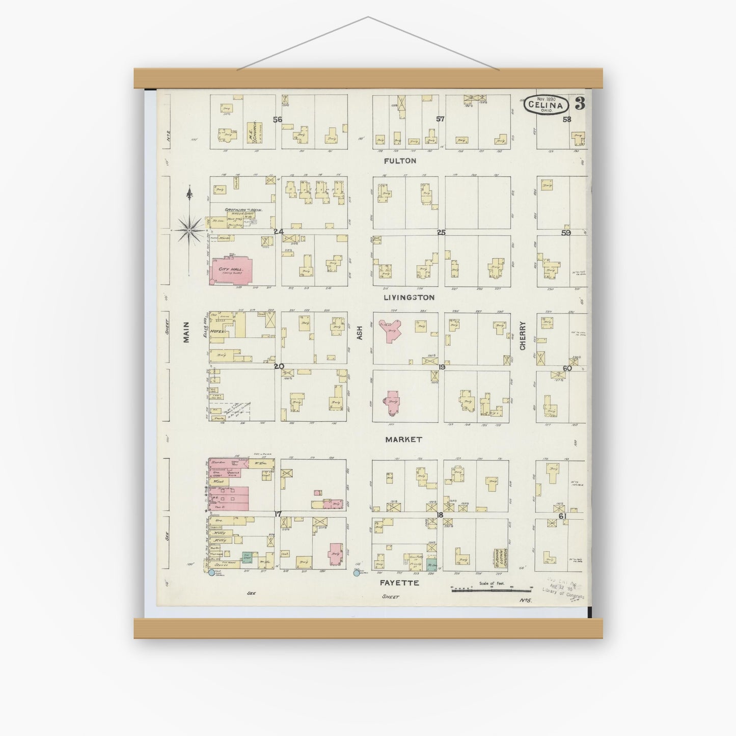Old map wall art mockup — magnetic wood frame on white wall — Sanborn Fire Insurance Map from Celina, Mercer County, Ohio (1890), Sheet #0003