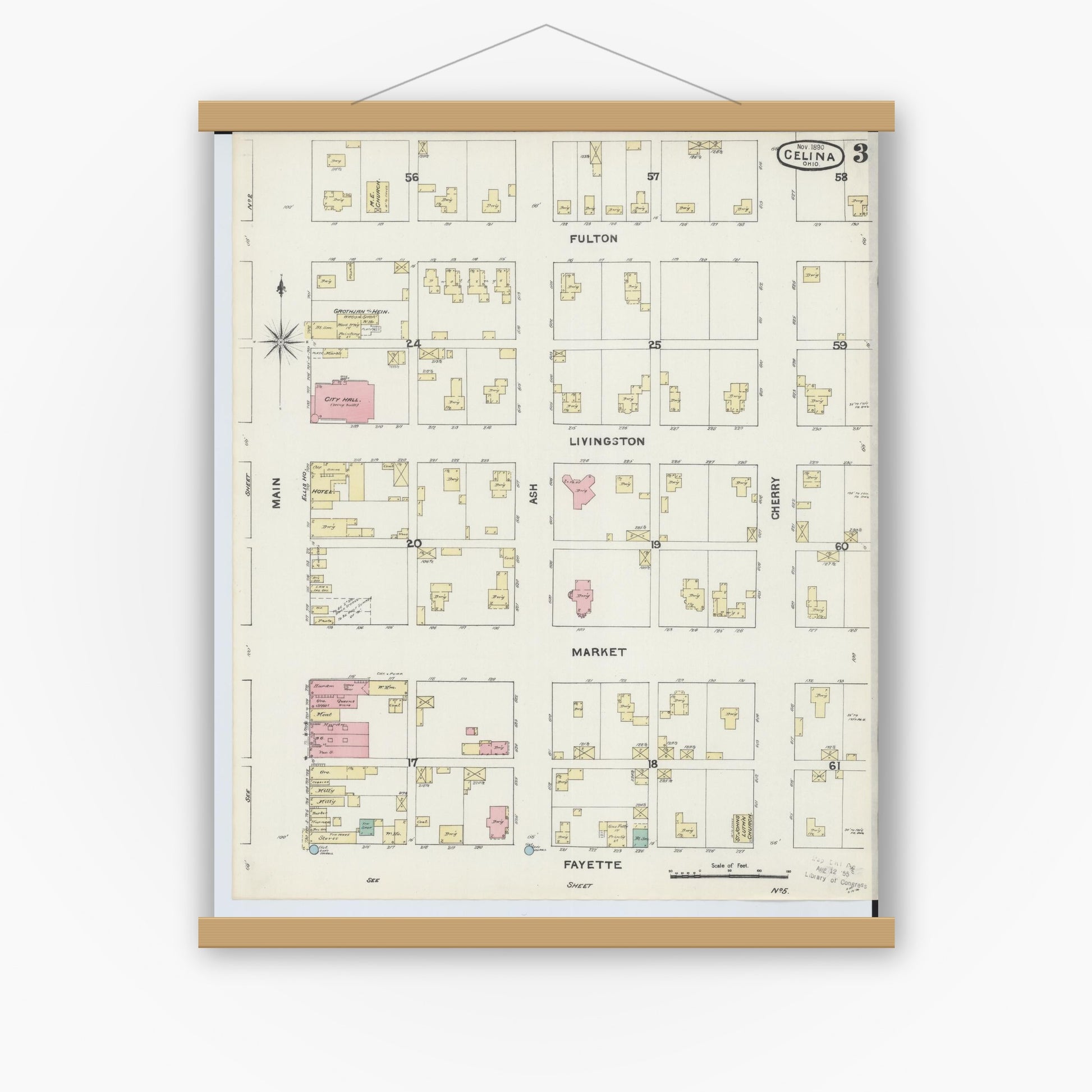 Old map wall art mockup — magnetic wood frame on white wall — Sanborn Fire Insurance Map from Celina, Mercer County, Ohio (1890), Sheet #0003