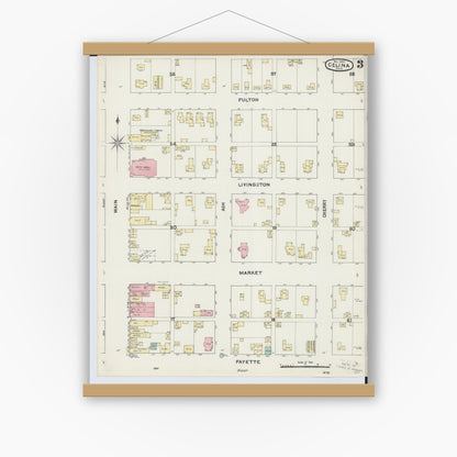 Old map wall art mockup — magnetic wood frame on white wall — Sanborn Fire Insurance Map from Celina, Mercer County, Ohio (1890), Sheet #0003