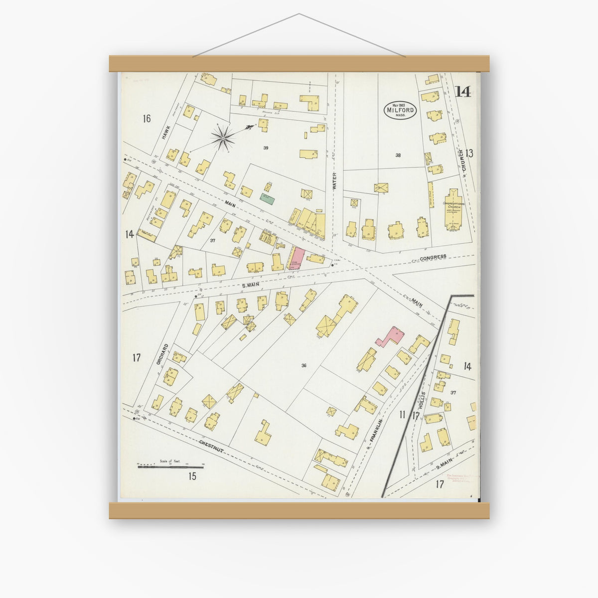 Old map wall art mockup — magnetic wood frame on white wall — Sanborn Fire Insurance Map from Milford, Worcester County, Massachusetts (1903), Sheet #0014