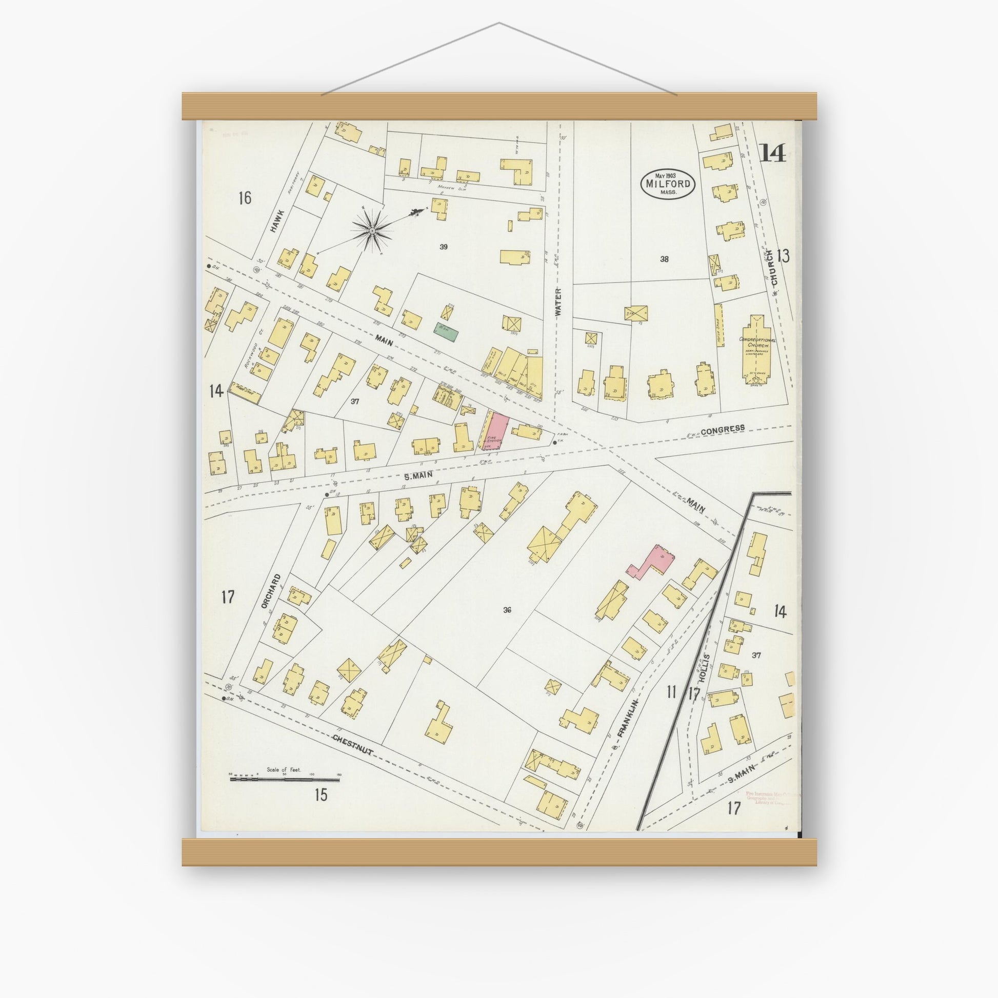 Old map wall art mockup — magnetic wood frame on white wall — Sanborn Fire Insurance Map from Milford, Worcester County, Massachusetts (1903), Sheet #0014