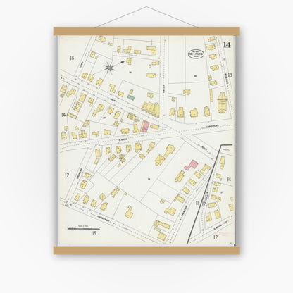 Old map wall art mockup — magnetic wood frame on white wall — Sanborn Fire Insurance Map from Milford, Worcester County, Massachusetts (1903), Sheet #0014
