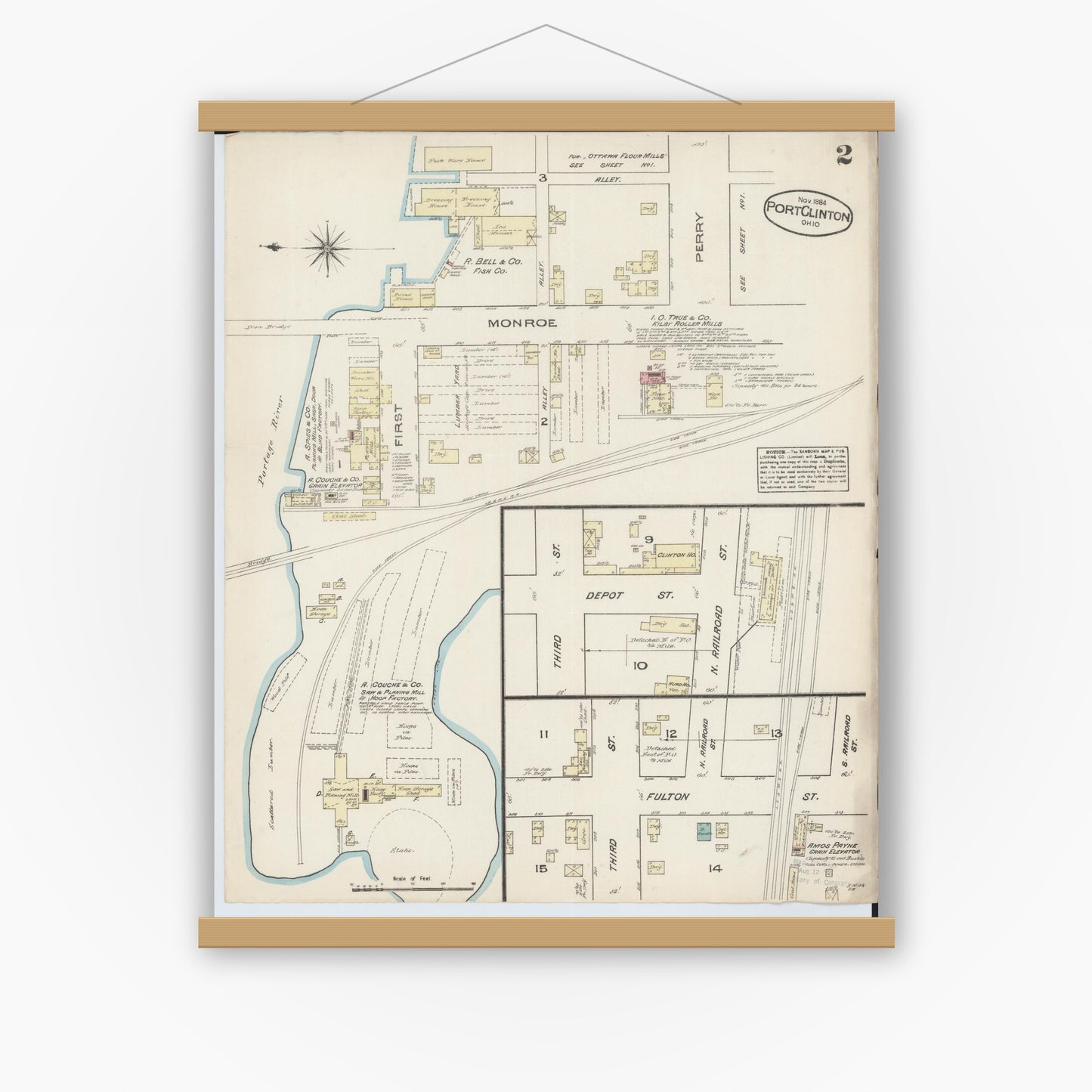 Old map wall art mockup — magnetic wood frame on white wall — Sanborn Fire Insurance Map from Port Clinton, Ottawa County, Ohio (1884), Sheet #0002