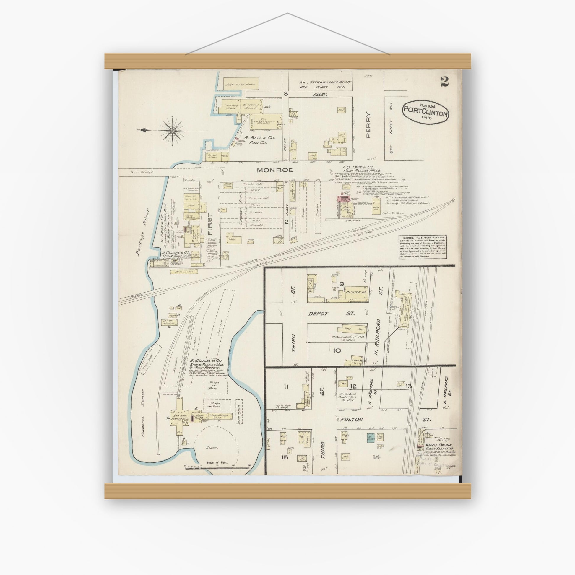 Old map wall art mockup — magnetic wood frame on white wall — Sanborn Fire Insurance Map from Port Clinton, Ottawa County, Ohio (1884), Sheet #0002