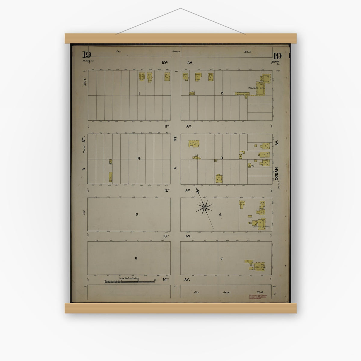 Old map wall art mockup — magnetic wood frame on white wall — Sanborn Fire Insurance Map from New Jersey Coast, New Jersey Coast, New Jersey (1890), Sheet #0019
