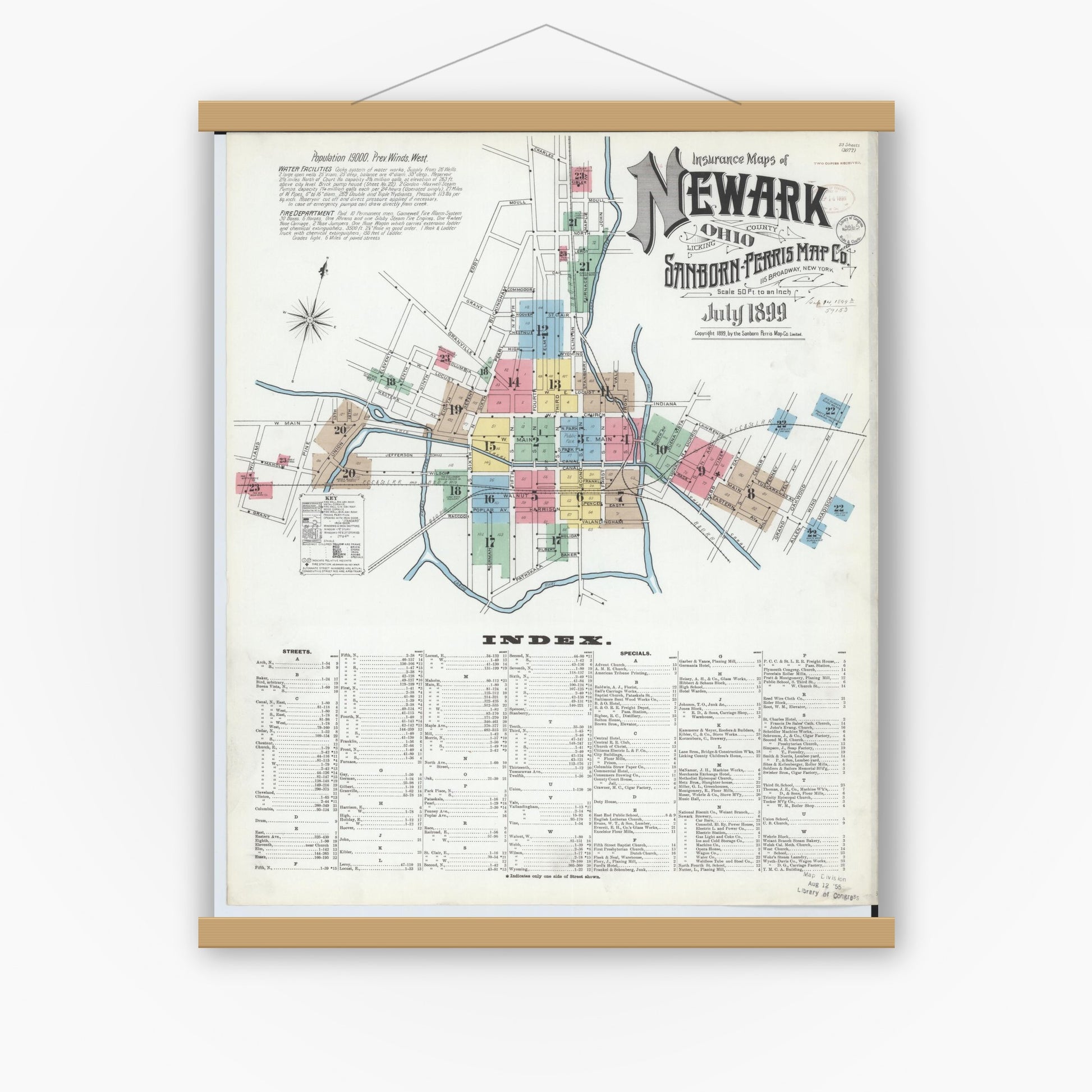 Old map wall art mockup — magnetic wood frame on white wall — Sanborn Fire Insurance Map from Newark, Licking County, Ohio (1899), Sheet #0001
