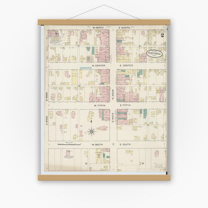 Old map wall art mockup — magnetic wood frame on white wall — Sanborn Fire Insurance Map from Fostoria, Seneca, Hancock, And Wood Counties, Ohio (1887), Sheet #0002