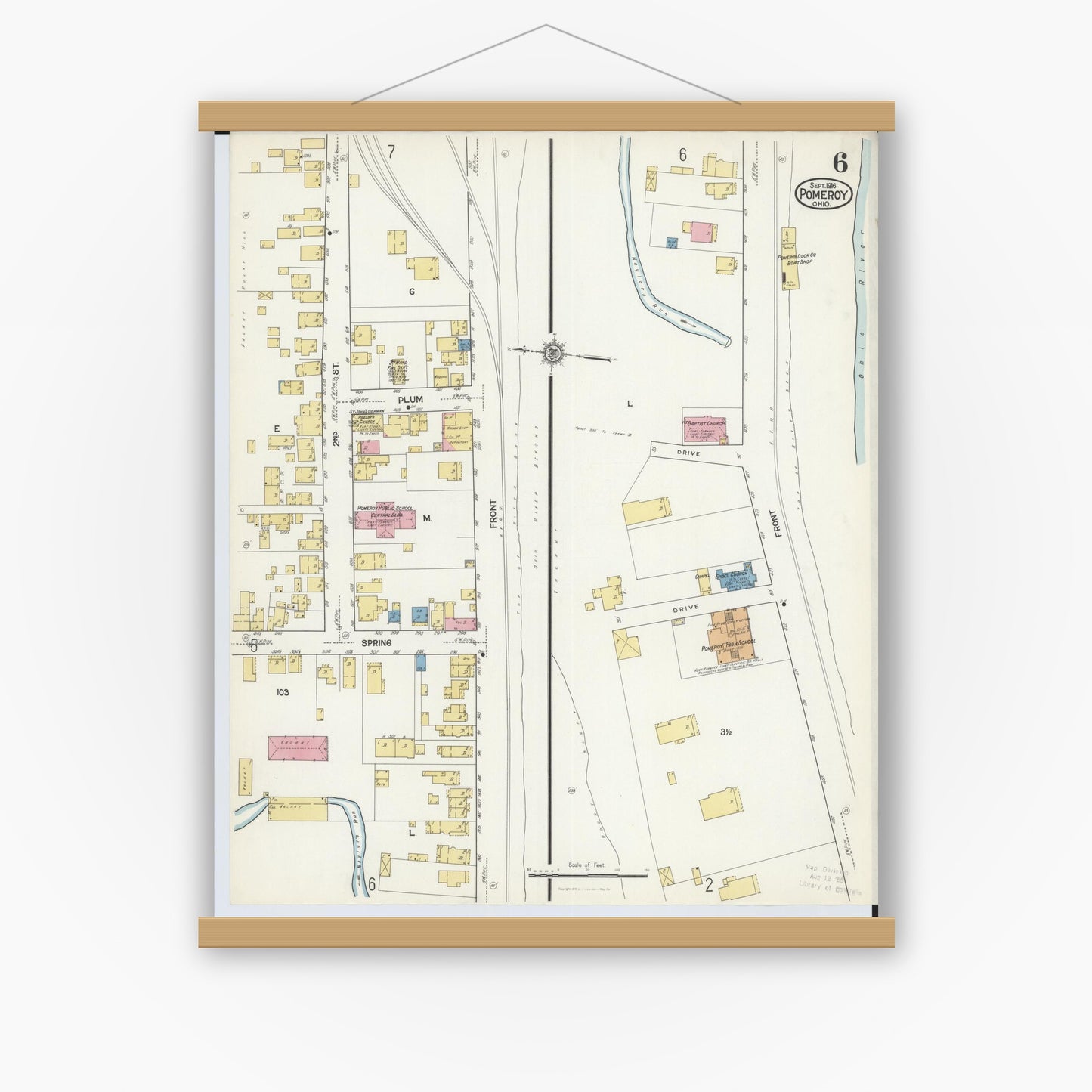 Old map wall art mockup — magnetic wood frame on white wall — Sanborn Fire Insurance Map from Pomeroy, Meigs County, Ohio (1916), Sheet #0006