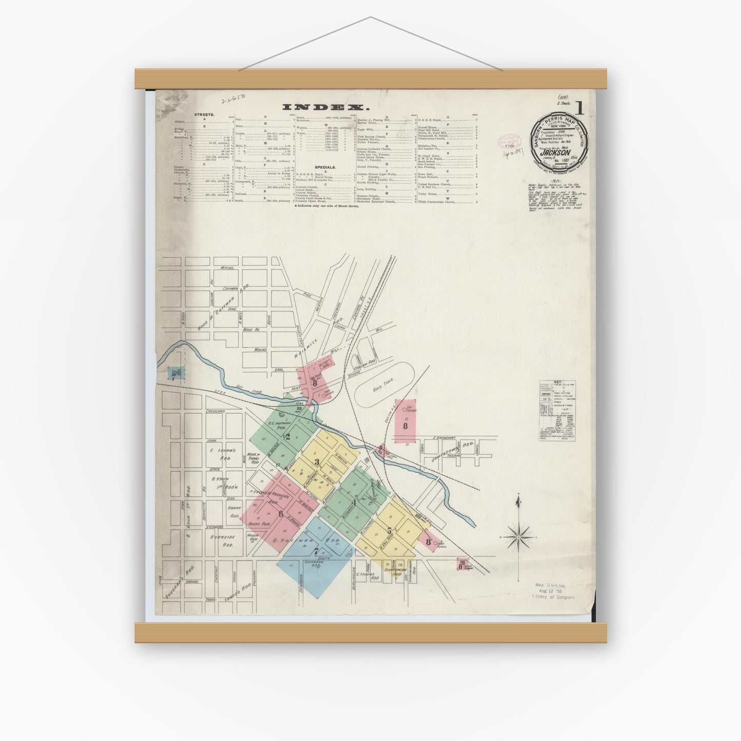 Old map wall art mockup — magnetic wood frame on white wall — Sanborn Fire Insurance Map from Jackson, Jackson County, Ohio (1897), Sheet #0001