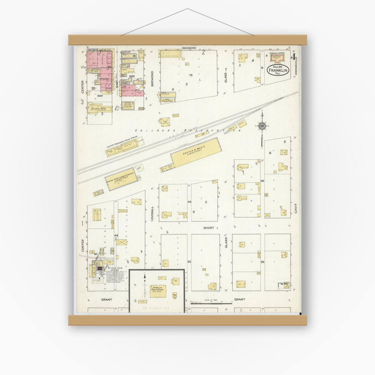 Old map wall art mockup — magnetic wood frame on white wall — Sanborn Fire Insurance Map from Franklin, Robertson County, Texas (1916), Sheet #0004