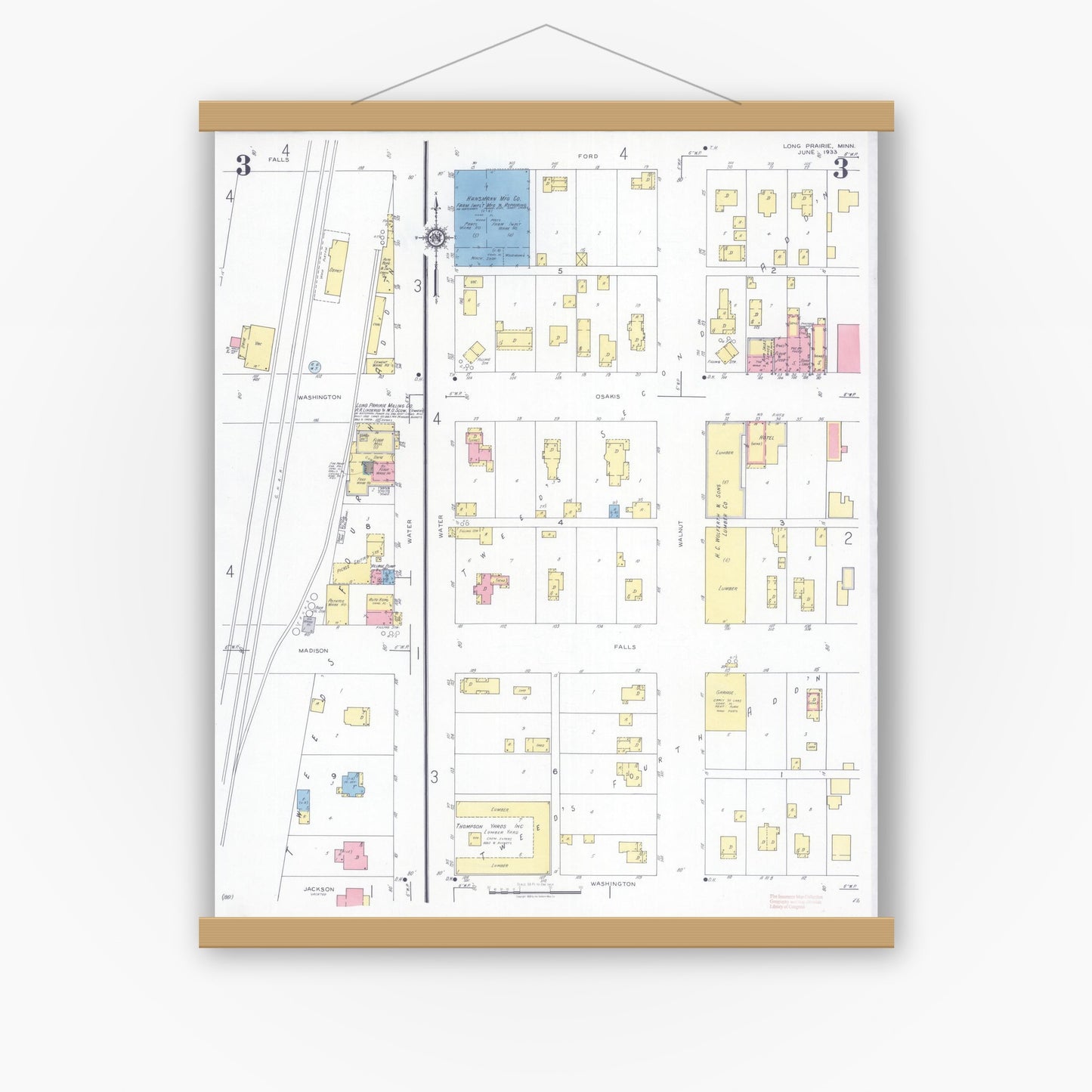 Old map wall art mockup — magnetic wood frame on white wall — Sanborn Fire Insurance Map from Long Prairie, Todd County, Minnesota (1933), Sheet #0003