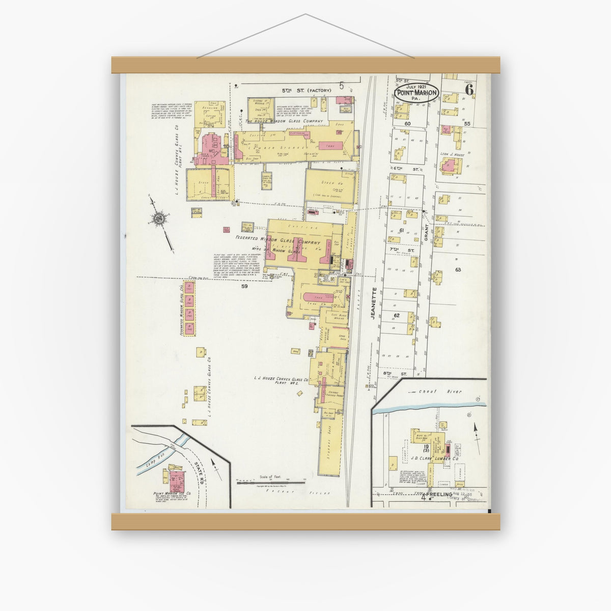 Old map wall art mockup — magnetic wood frame on white wall — Sanborn Fire Insurance Map from Point Marion, Fayette County, Pennsylvania (1921), Sheet #0006