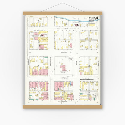 Old map wall art mockup — magnetic wood frame on white wall — Sanborn Fire Insurance Map from Vinton, Benton County, Iowa (1892), Sheet #0002