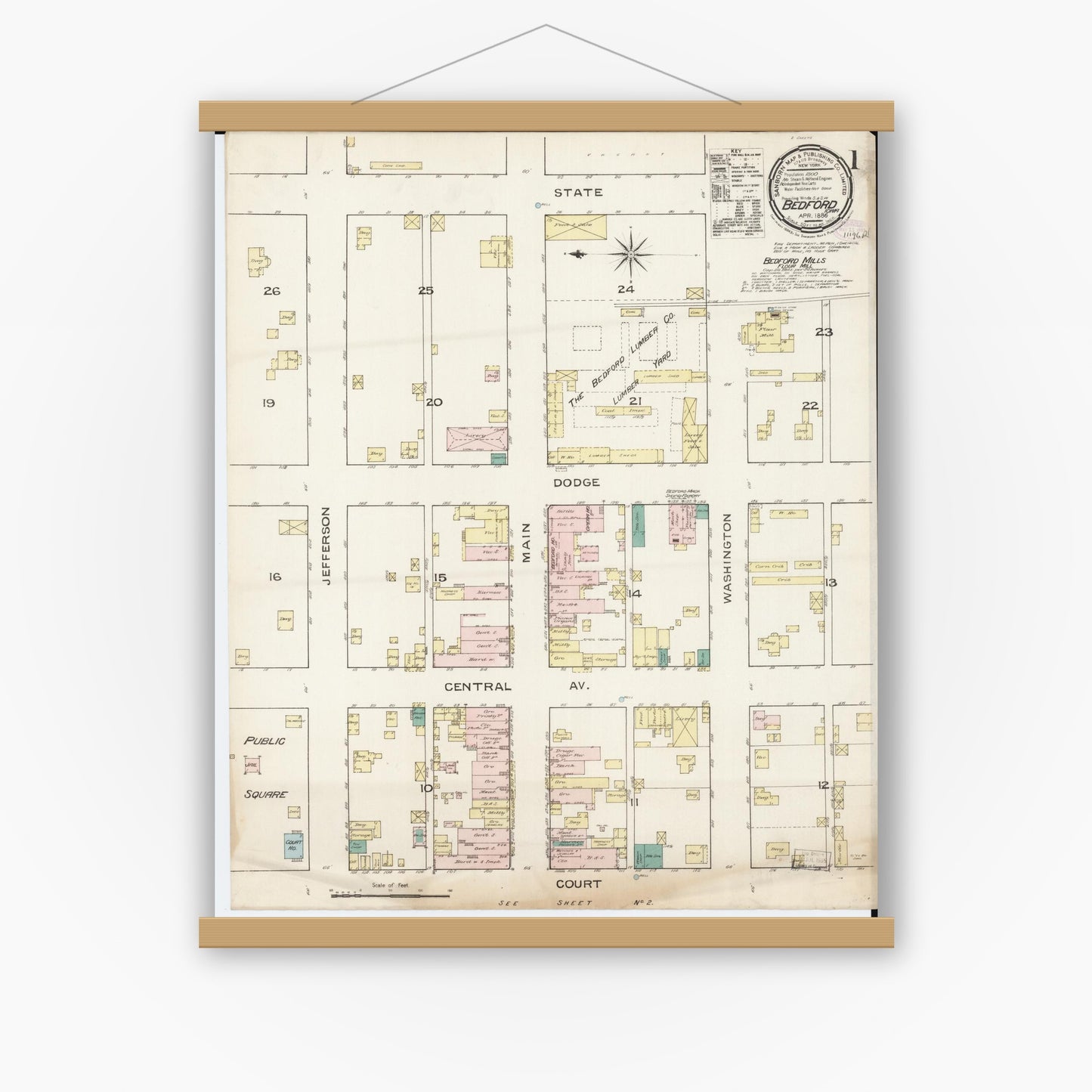 Old map wall art mockup — magnetic wood frame on white wall — Sanborn Fire Insurance Map from Bedford, Taylor County, Iowa (1886) â€” Complete Set