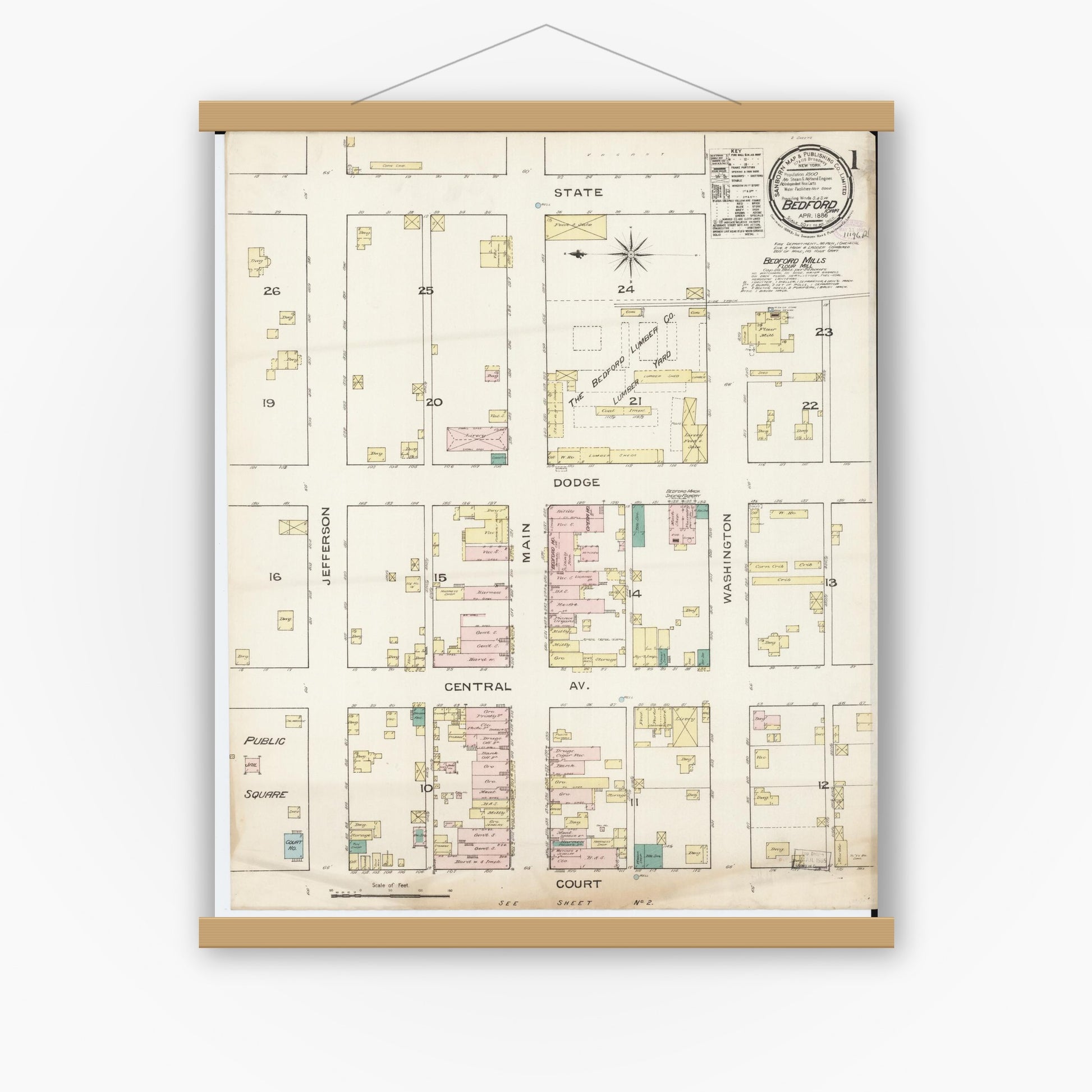 Old map wall art mockup — magnetic wood frame on white wall — Sanborn Fire Insurance Map from Bedford, Taylor County, Iowa (1886) â€” Complete Set