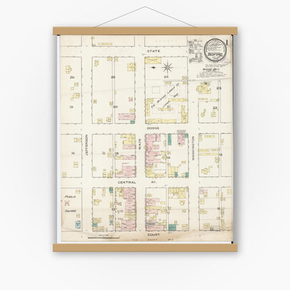 Old map wall art mockup — magnetic wood frame on white wall — Sanborn Fire Insurance Map from Bedford, Taylor County, Iowa (1886) â€” Complete Set