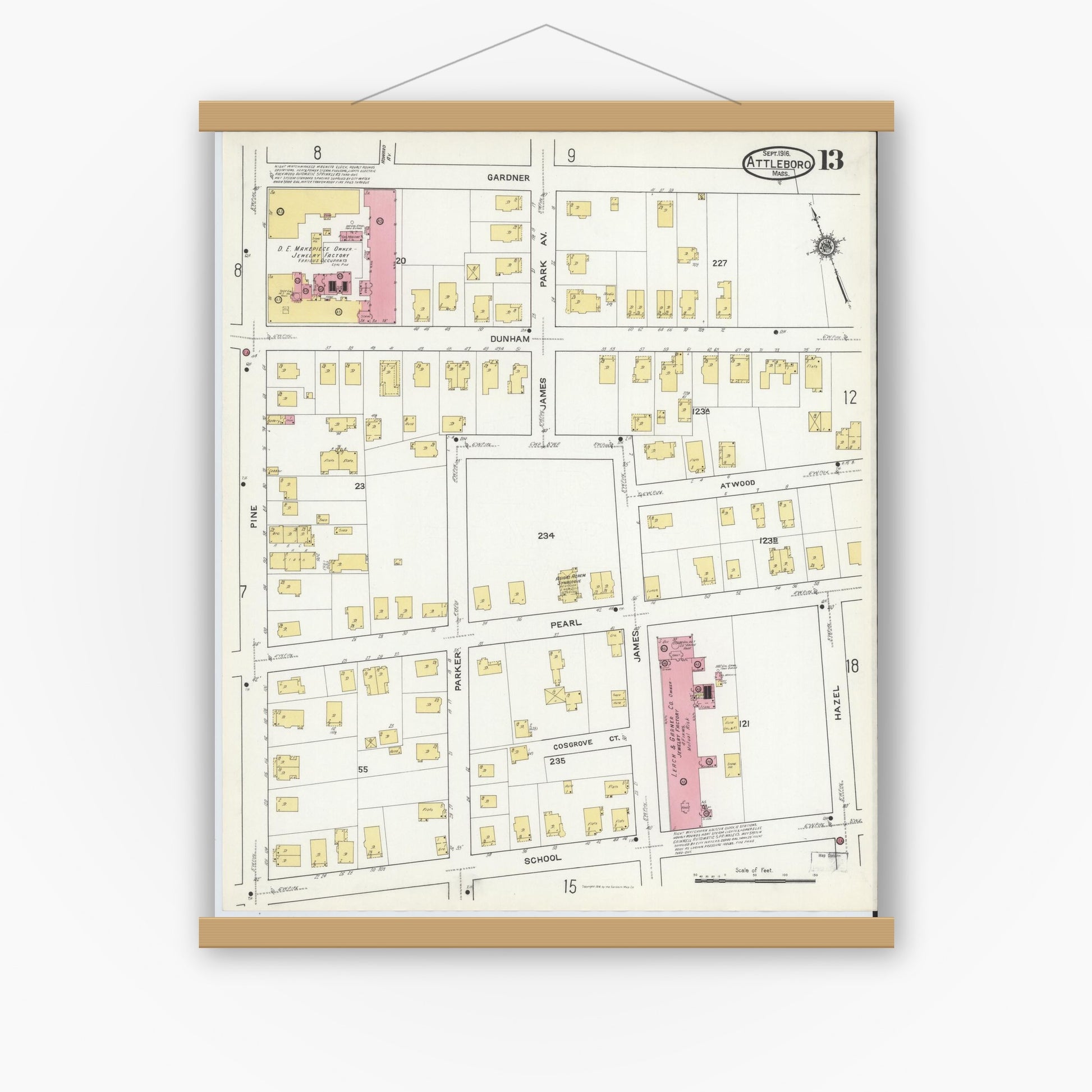Old map wall art mockup — magnetic wood frame on white wall — Sanborn Fire Insurance Map from Attleboro, Bristol County, Massachusetts (1916), Sheet #0013