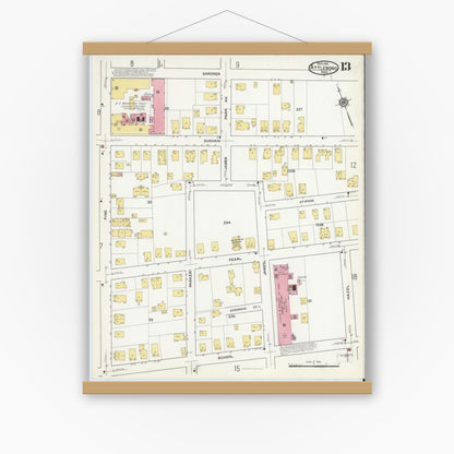 Old map wall art mockup — magnetic wood frame on white wall — Sanborn Fire Insurance Map from Attleboro, Bristol County, Massachusetts (1916), Sheet #0013