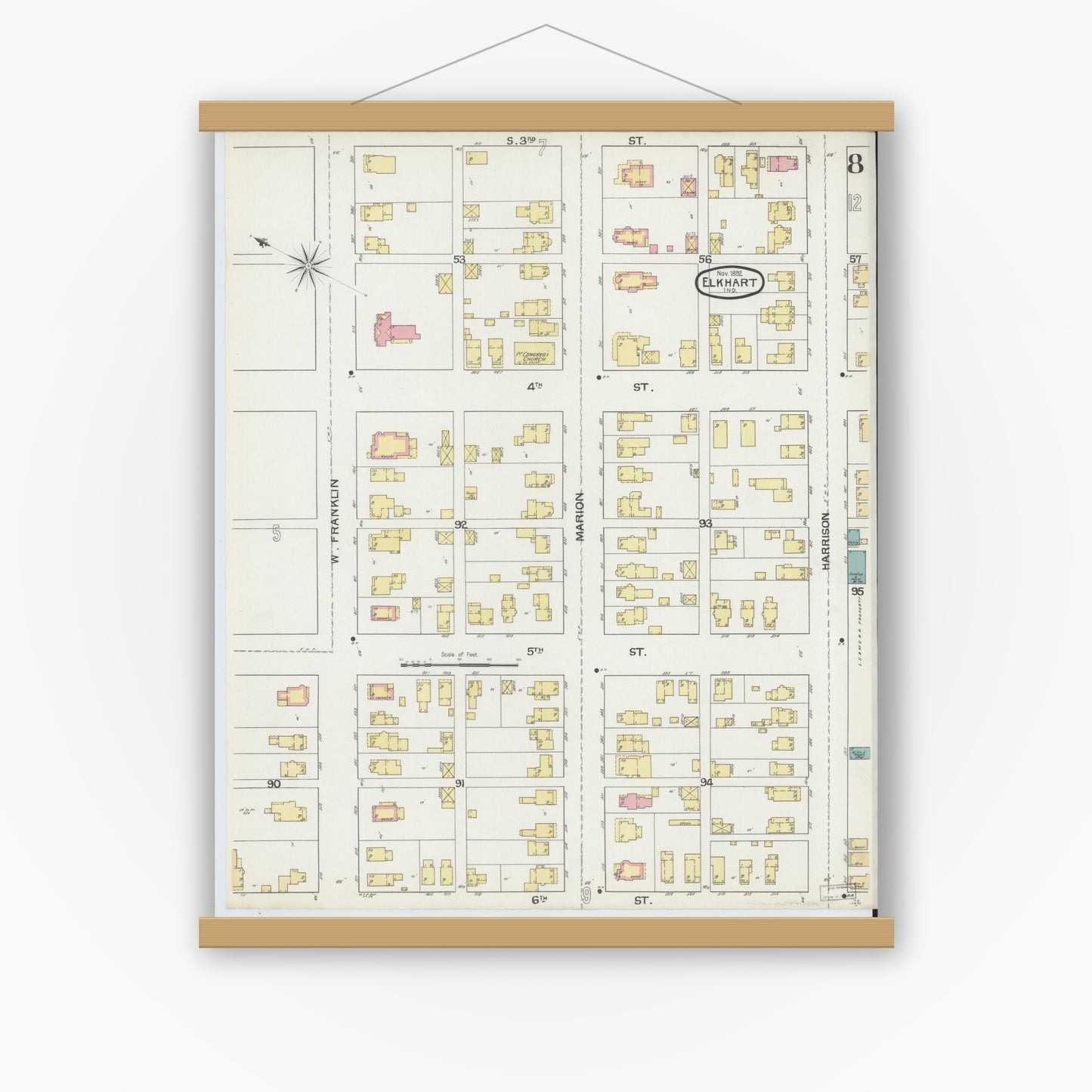 Old map wall art mockup — magnetic wood frame on white wall — Sanborn Fire Insurance Map from Elkhart, Elkhart County, Indiana (1892), Sheet #0008