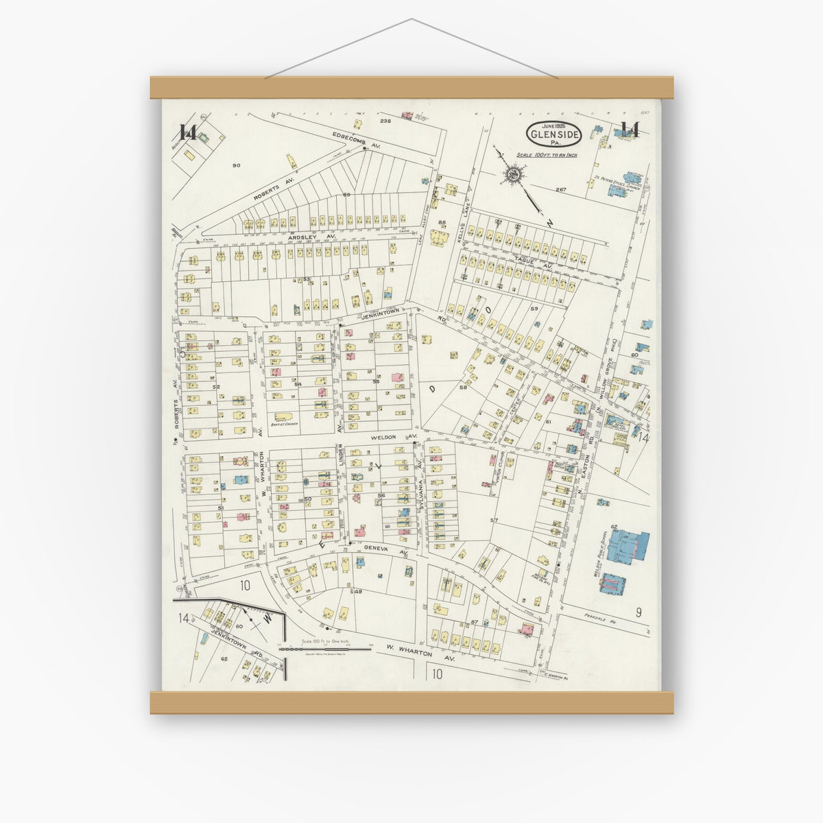 Old map wall art mockup — magnetic wood frame on white wall — Sanborn Fire Insurance Map from Glenside, Montgomery County, Pennsylvania (1925), Sheet #0014