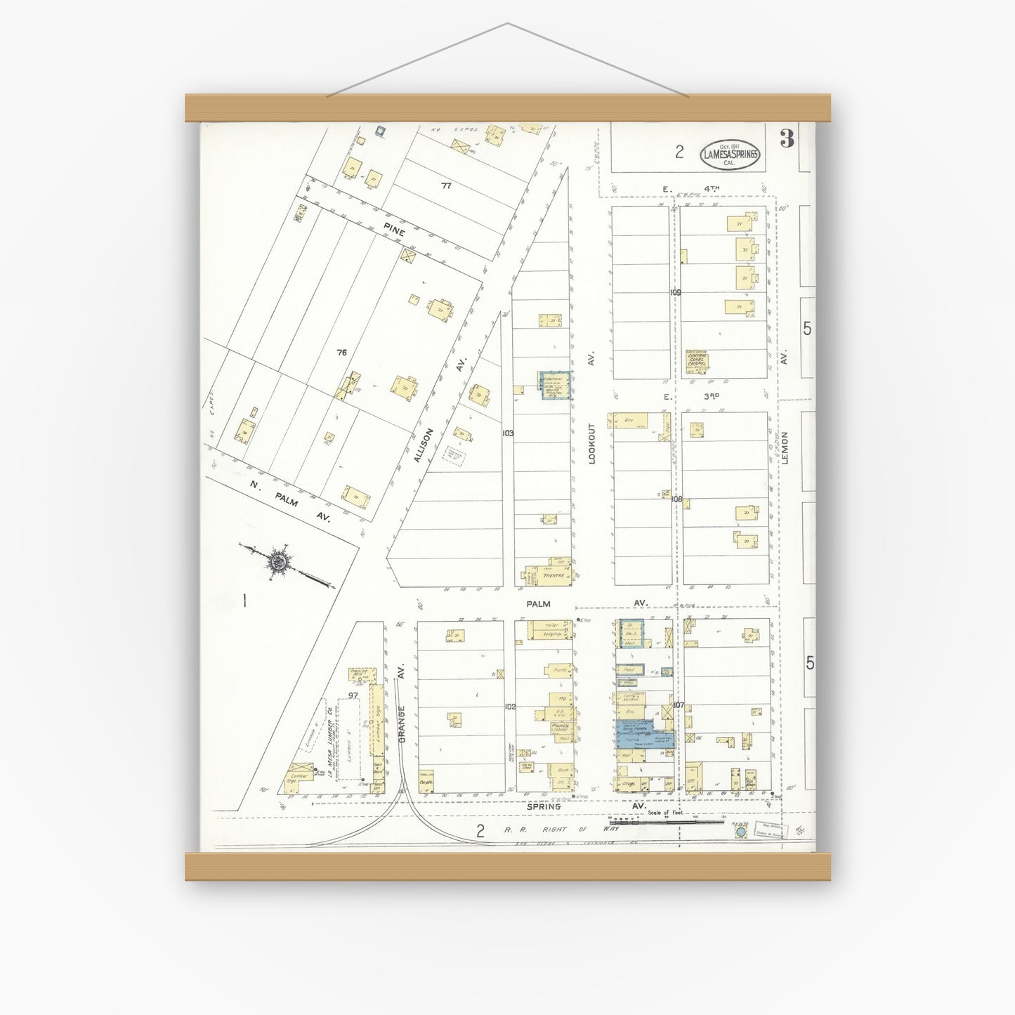 Old map wall art mockup — magnetic wood frame on white wall — Sanborn Fire Insurance Map from La Mesa, San Diego County, California (1911), Sheet #0003