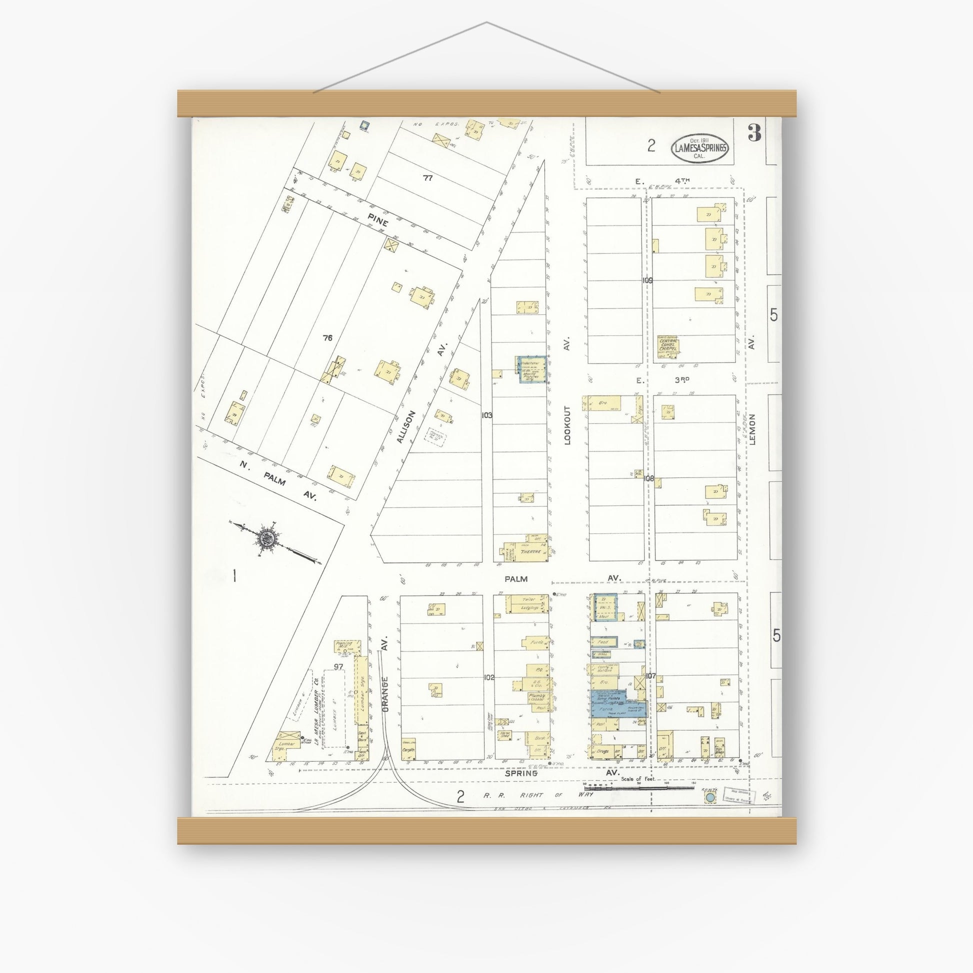 Old map wall art mockup — magnetic wood frame on white wall — Sanborn Fire Insurance Map from La Mesa, San Diego County, California (1911), Sheet #0003
