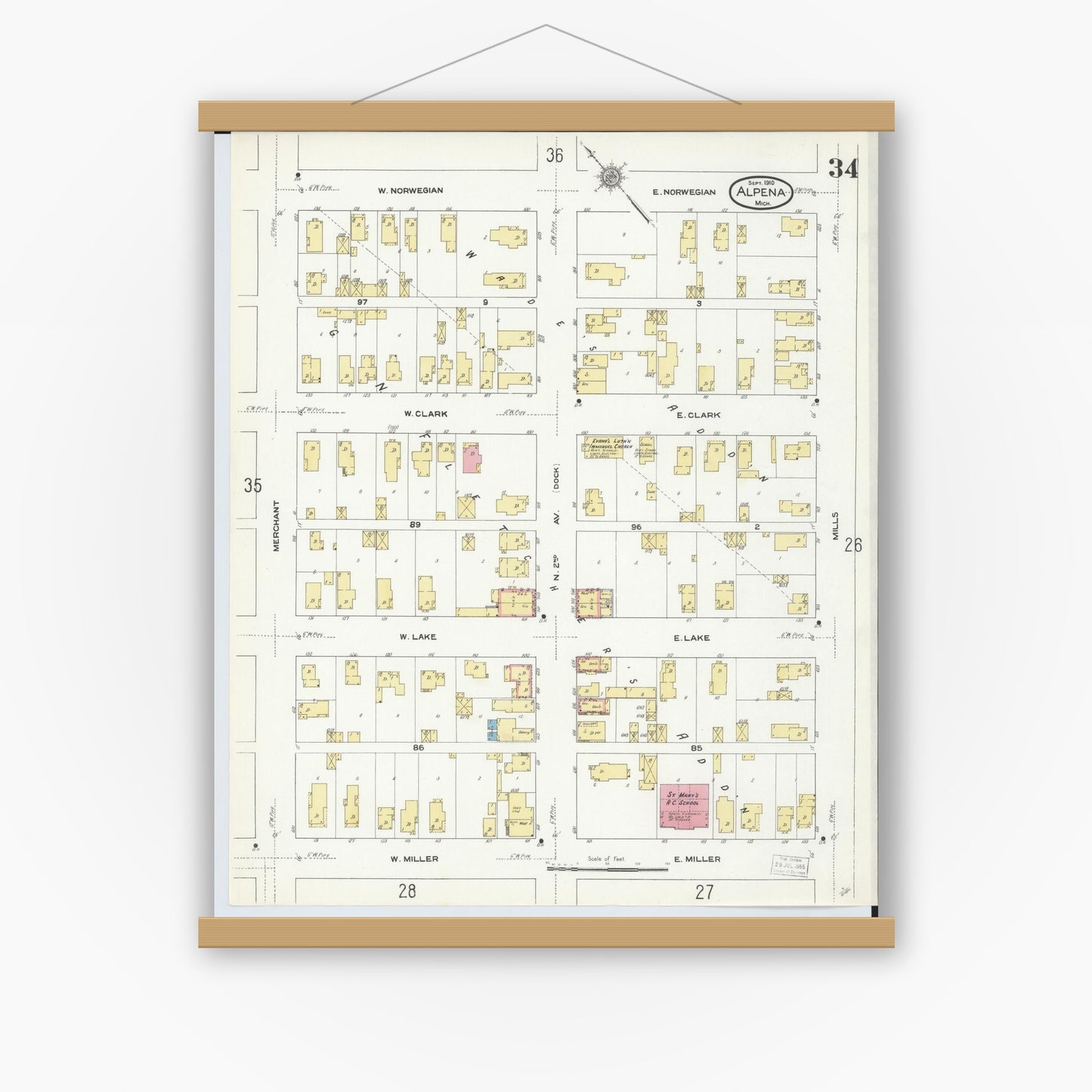 Old map wall art mockup — magnetic wood frame on white wall — Sanborn Fire Insurance Map from Alpena, Alpena County, Michigan (1910), Sheet #0034