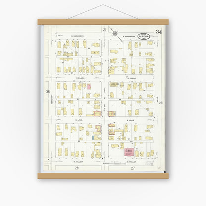 Old map wall art mockup — magnetic wood frame on white wall — Sanborn Fire Insurance Map from Alpena, Alpena County, Michigan (1910), Sheet #0034