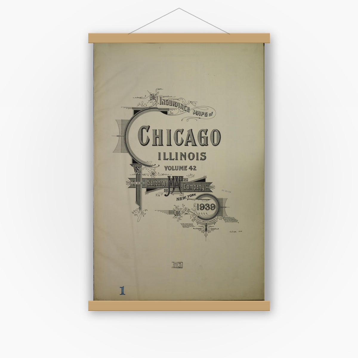Old map wall art mockup — magnetic wood frame on white wall — Sanborn Fire Insurance Map from Chicago, Cook County, Illinois (1939), Sheet #0001