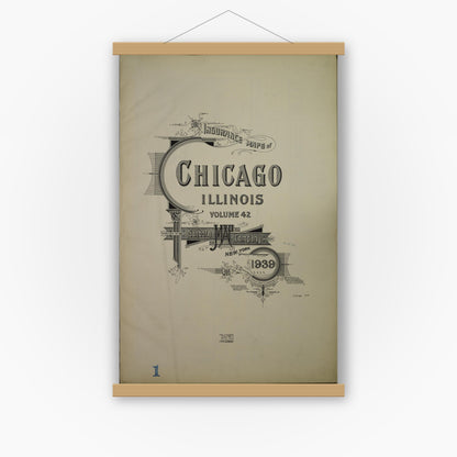 Old map wall art mockup — magnetic wood frame on white wall — Sanborn Fire Insurance Map from Chicago, Cook County, Illinois (1939), Sheet #0001