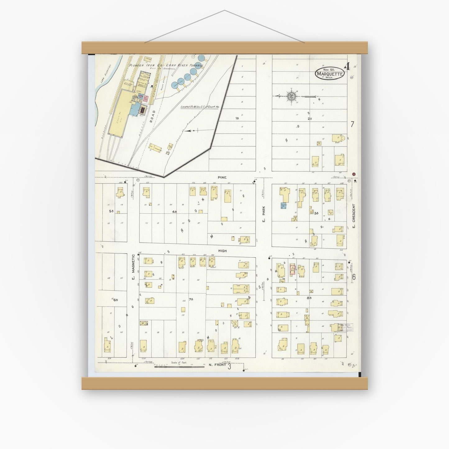 Old map wall art mockup — magnetic wood frame on white wall — Sanborn Fire Insurance Map from Marquette, Marquette County, Michigan (1911), Sheet #0004