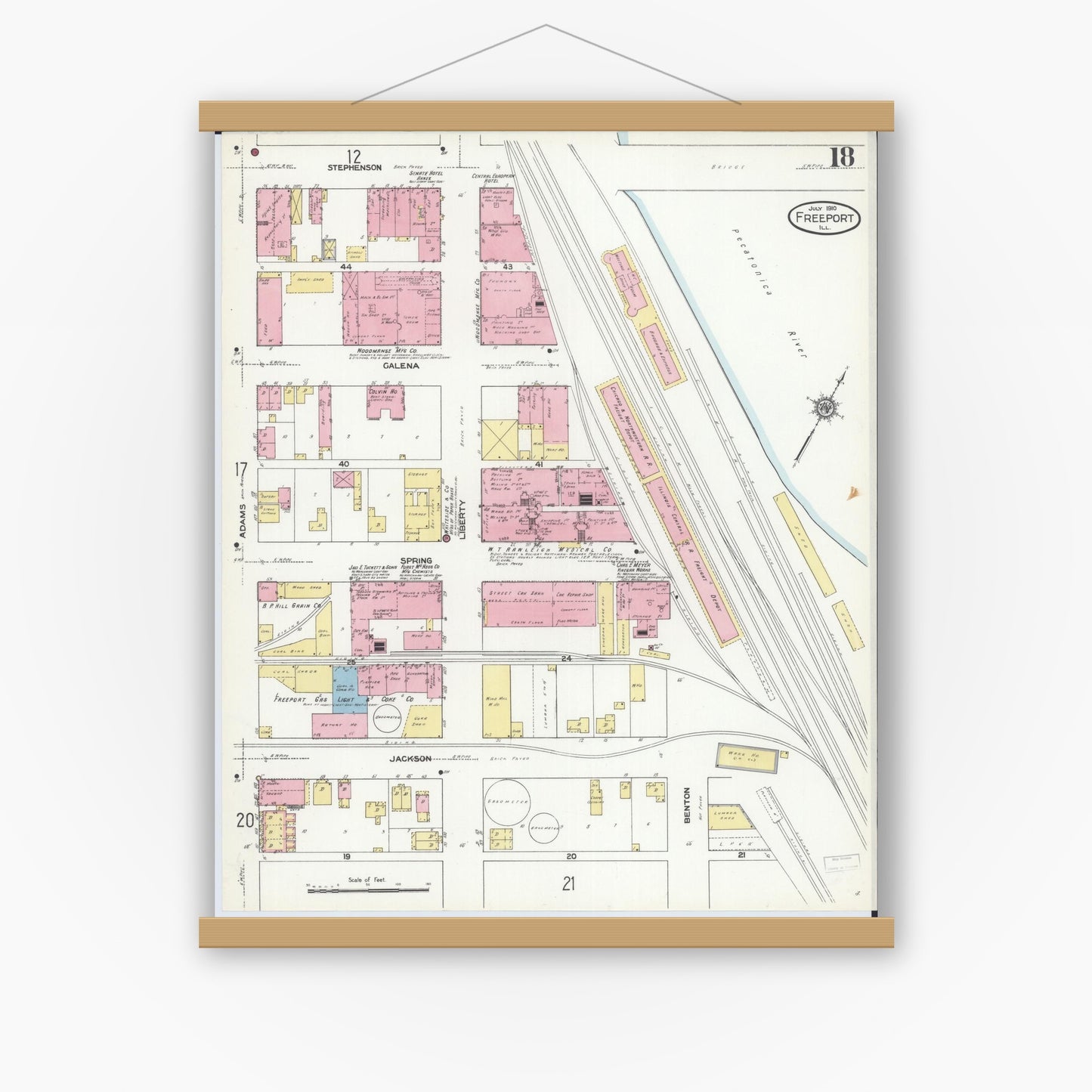 Old map wall art mockup — magnetic wood frame on white wall — Sanborn Fire Insurance Map from Freeport, Stephenson County, Illinois (1910), Sheet #0018