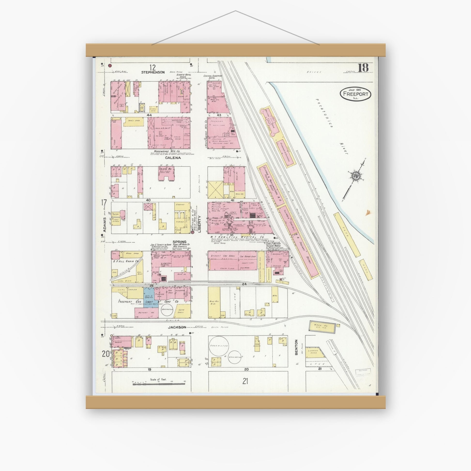 Old map wall art mockup — magnetic wood frame on white wall — Sanborn Fire Insurance Map from Freeport, Stephenson County, Illinois (1910), Sheet #0018