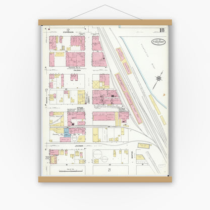 Old map wall art mockup — magnetic wood frame on white wall — Sanborn Fire Insurance Map from Freeport, Stephenson County, Illinois (1910), Sheet #0018
