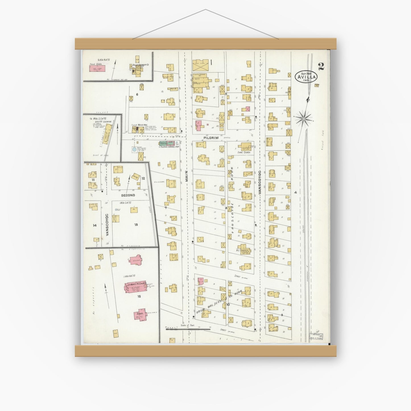 Old map wall art mockup — magnetic wood frame on white wall — Sanborn Fire Insurance Map from Avilla, Noble County, Indiana (1905), Sheet #0002