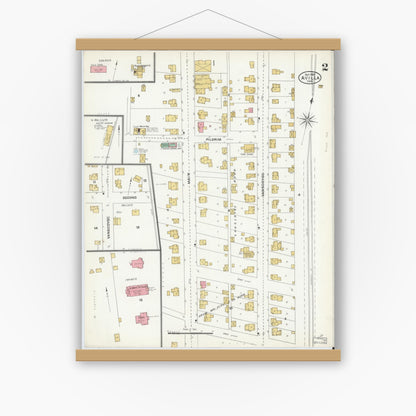 Old map wall art mockup — magnetic wood frame on white wall — Sanborn Fire Insurance Map from Avilla, Noble County, Indiana (1905), Sheet #0002
