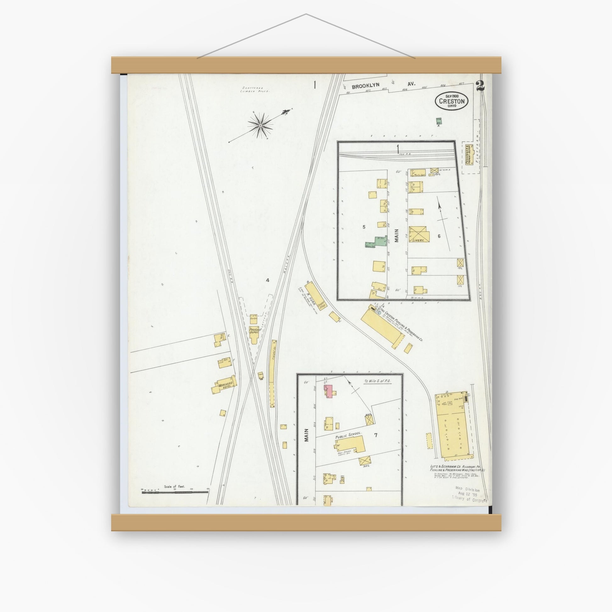 Old map wall art mockup — magnetic wood frame on white wall — Sanborn Fire Insurance Map from Creston, Wayne County, Ohio (1900), Sheet #0002