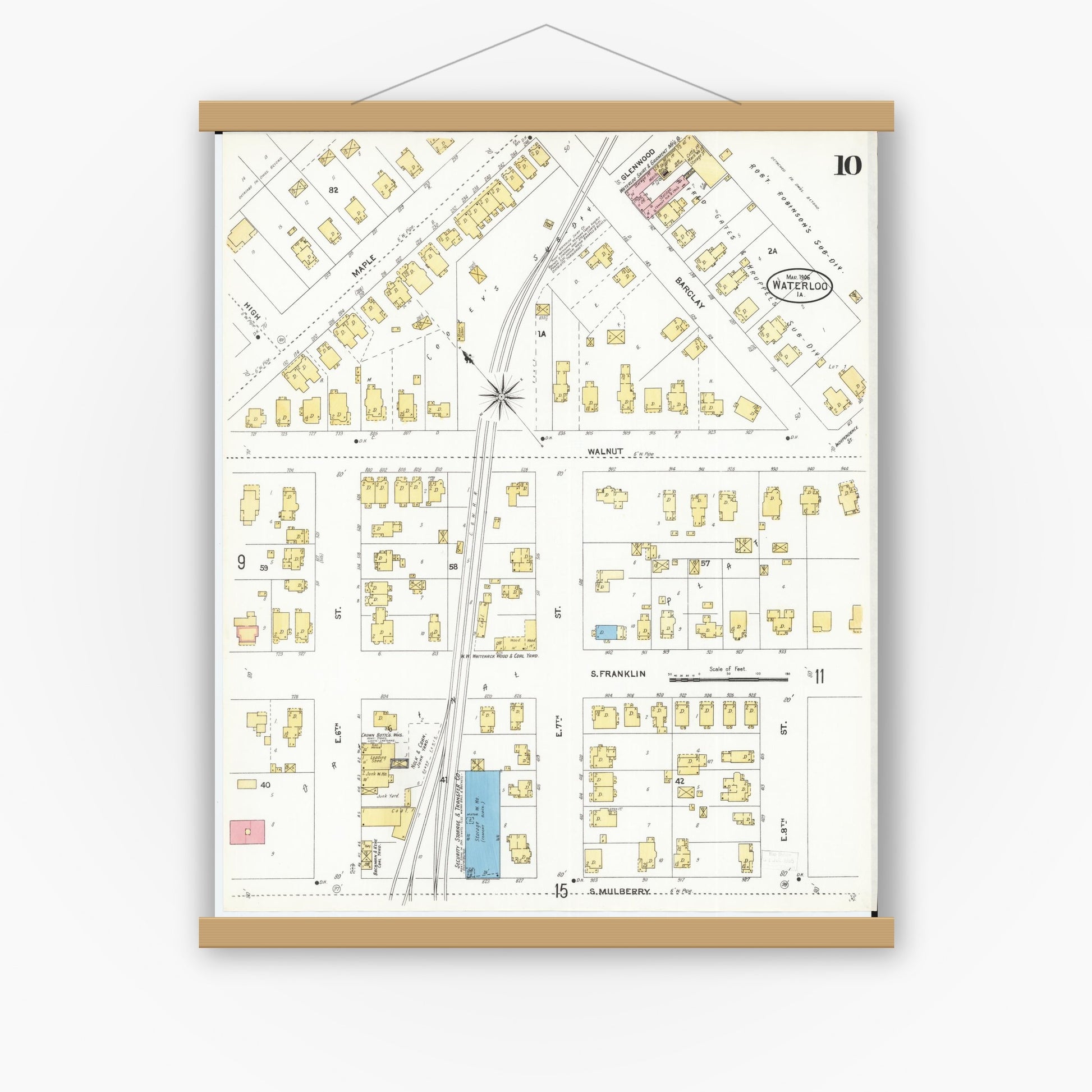 Old map wall art mockup — magnetic wood frame on white wall — Sanborn Fire Insurance Map from Waterloo, Black Hawk County, Iowa (1906), Sheet #0010