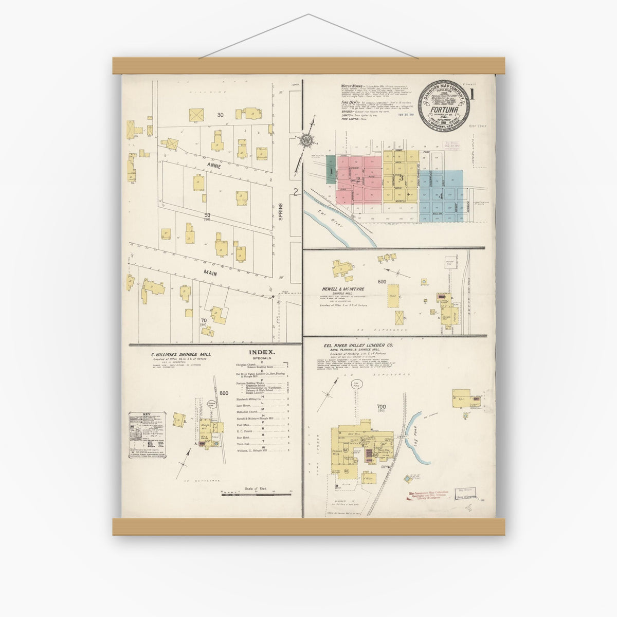 Old map wall art mockup — magnetic wood frame on white wall — Sanborn Fire Insurance Map from Fortuna, Humboldt County, California (1911) - Complete Map Set