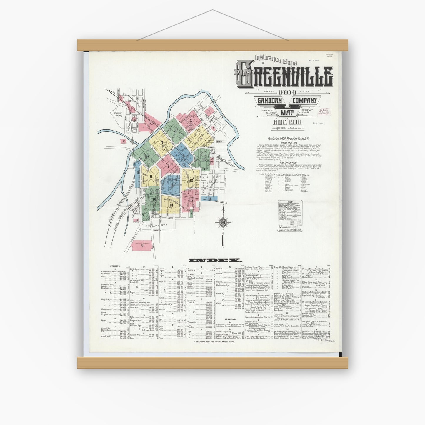 Old map wall art mockup — magnetic wood frame on white wall — Sanborn Fire Insurance Map from Greenville, Darke County, Ohio (1910) - Complete Map Set