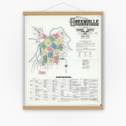 Old map wall art mockup — magnetic wood frame on white wall — Sanborn Fire Insurance Map from Greenville, Darke County, Ohio (1910) - Complete Map Set