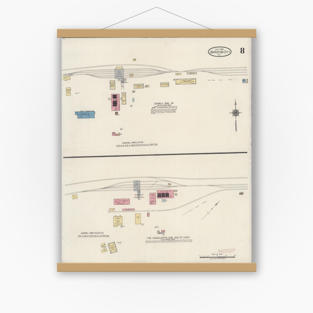 Old map wall art mockup — magnetic wood frame on white wall — Sanborn Fire Insurance Map from Johnston City, Williamson County, Illinois (1922), Sheet #0008